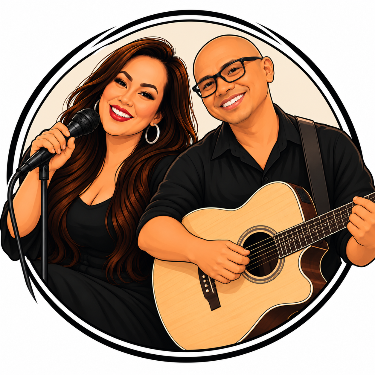 Illustration of Cherie singing and Randy playing acoustic guitar
